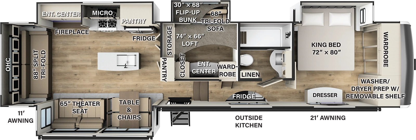 The 379MB has 4 slide outs, 3 on the road side and one on the camp side, along with one entry door on the camp side. Interior layout from front to back: front bedroom with king bed in a slide out; side aisle bathroom; bunk room with road side slide out containing trifold sofa and upper bunk, and cabinetry with TV hookups and loft area above the bunk room; kitchen living dining area with road side slide out containing cooktop and oven, residential refrigerator and TV entertainment area. The camp side slide out containing freestanding table and chairs and theater seating. Kitchen island with double basin sink. Camp side outside kitchen in compartment with sink and mini fridge.  